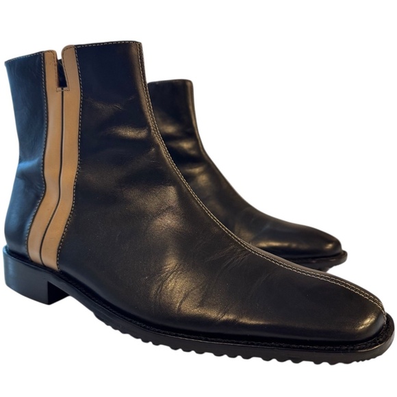 Gordon Rush Black Leather Zip Boots Men’s Size 11.5 Split Toe Beige Stripe Rare - Picture 1 of 12